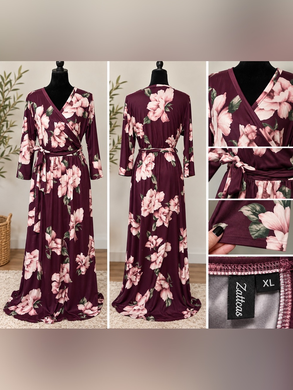 Floral Faux Wrap Maxi Dress - Burgundy with Pink Bloom